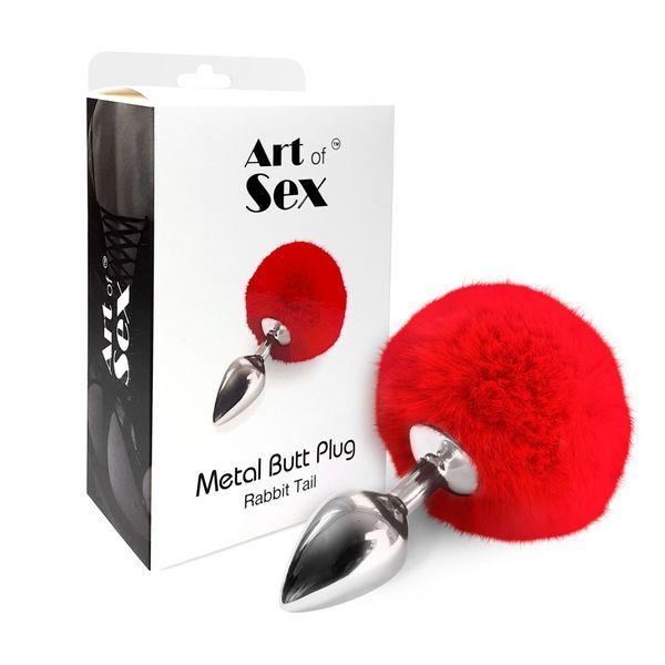 Металева анальна пробка Кролячий хвостик, червоний, розмір М - Art of Sex Rabbit Tail SO6963 фото