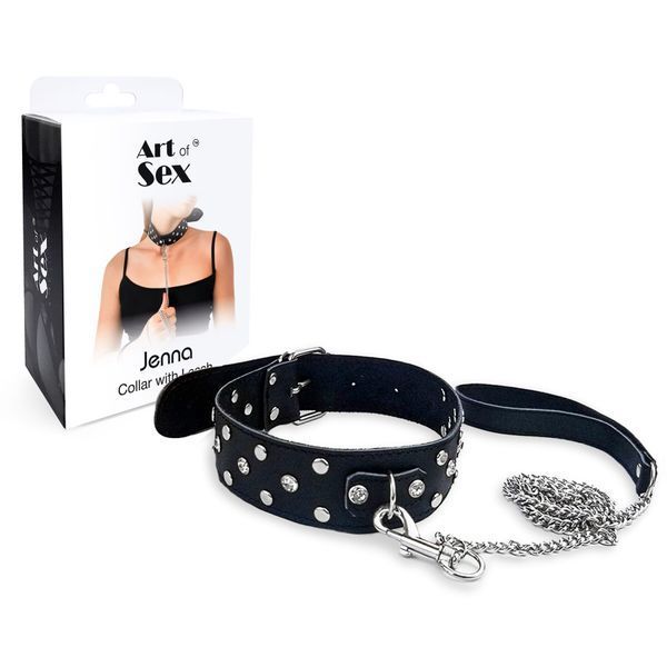 Нашийник із повідцем із натуральної шкіри із заклепками Art of Sex &mdash; Jenna Collar with Leash, чорний SO6698 фото
