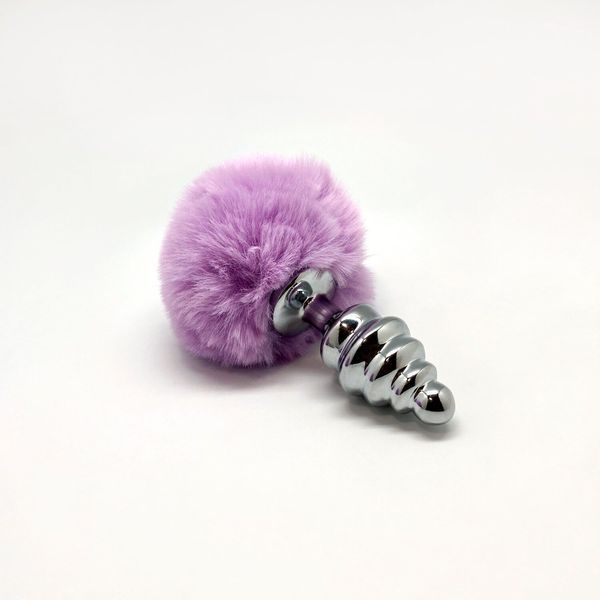 Металева анальна пробка Кролячий хвостик, діаметр 3,4 см, фіолетовий - Alive Fluffy Twist Plug M Purple SO6308 фото