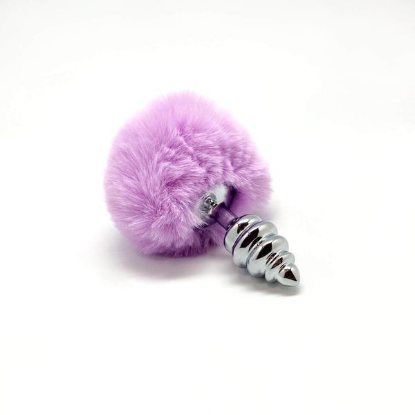 Металева анальна пробка Кролячий хвостик, діаметр 2,9 см, фіолетовий - Alive Fluffy Twist Plug S Purple SO6306 фото