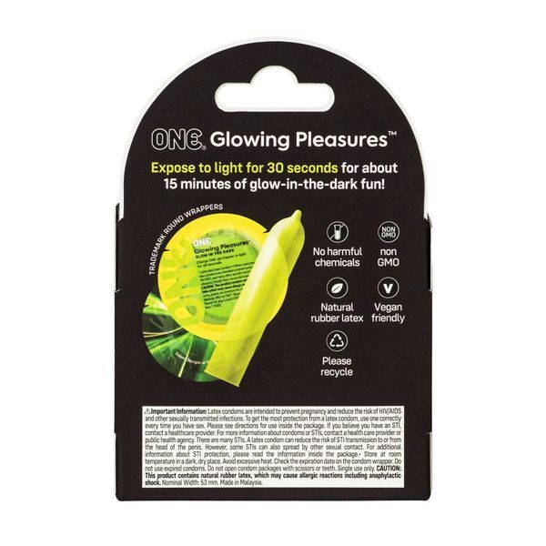 Презервативи ONE Glowing Pleasures 3 шт, світяться в темряві, картонна коробка SX0784 фото