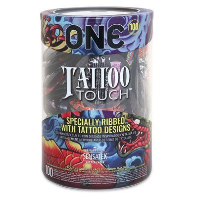 Набір презервативів ONE Tattoo Touch 100 шт, рельєф у вигляді тату, 3 кольори, мегапак тюб SX0734 фото