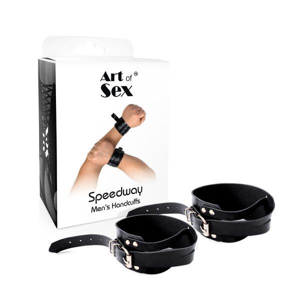 Чоловічі шкіряні наручники, колір чорний Art of Sex - Man Handcuffs Speedway XS-M SX0512 фото