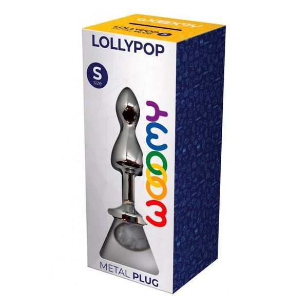 Металева анальна пробка, розмір S, діаметр 2,8 см, білий кристал - Wooomy Lollypop Double Ball SO7417 фото