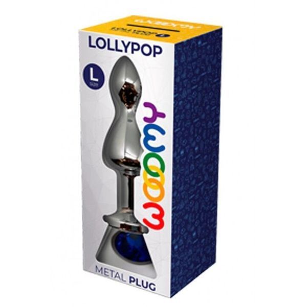 Металева анальна пробка, розмір L, діаметр 3,5 см, синій кристал - Wooomy Lollypop Double Ball SO7419 фото