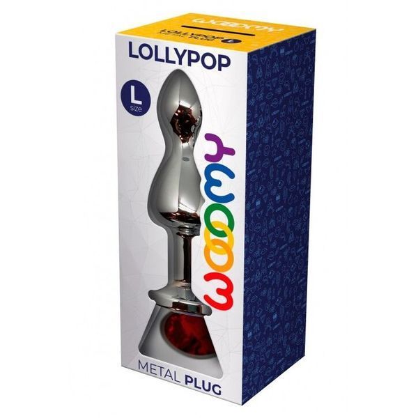 Металева анальна пробка, розмір L, діаметр 3,5 см, червоний кристал - Wooomy Lollypop Double Ball SO7420 фото