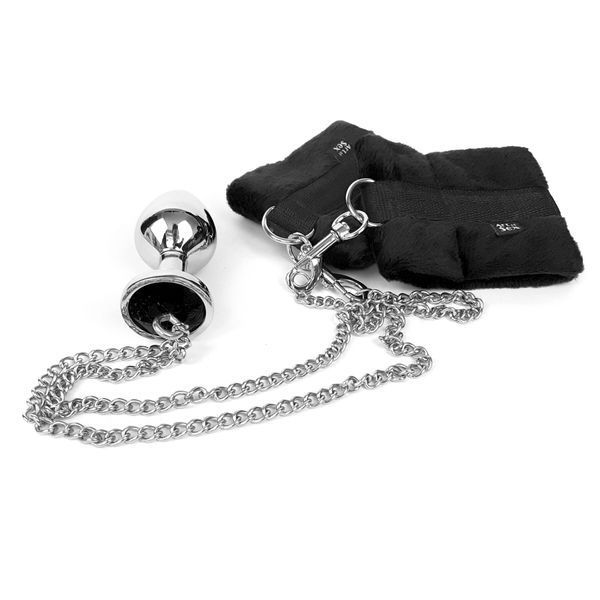 Наручники з чорною металевою анальною пробкою, розмір М - Art of Sex Handcuffs with Metal Anal Plug SO6235 фото